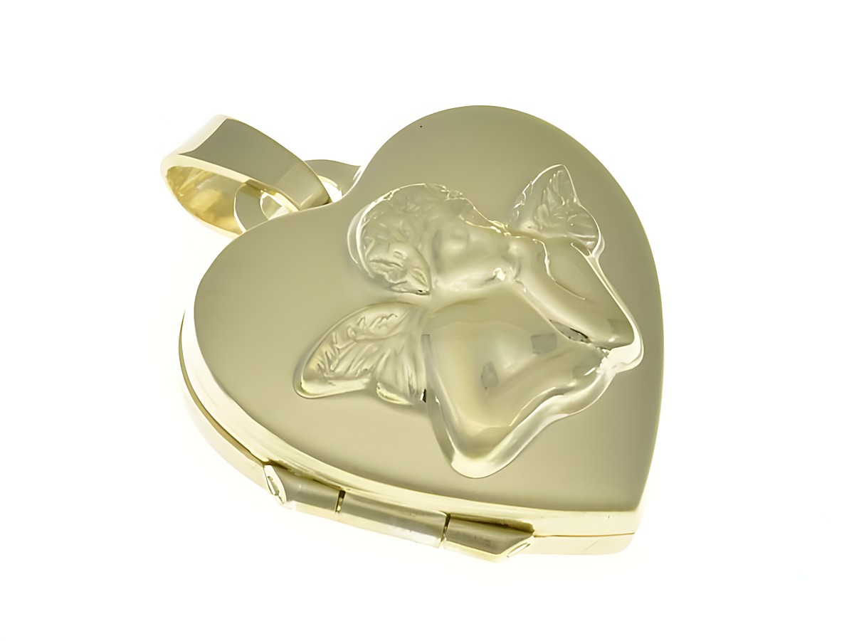 Medaillon in Herzform aus 333 Gelbgold, teilmattiert, mit einem traumhaften Schutzengel-Design, Hersteller Juwelier Harnisch, symbolisiert Liebe und Schutz.