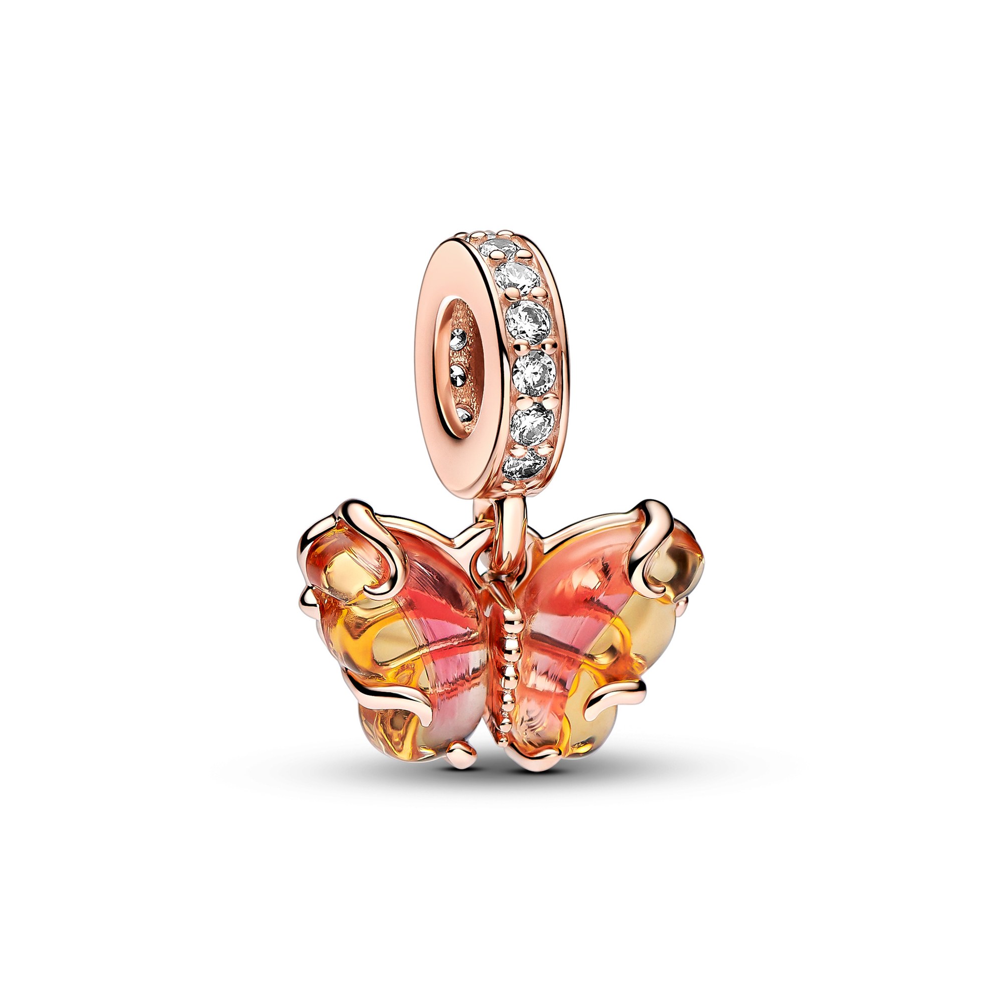 Pandora Rosafarbener & Gelber Murano-Glas Schmetterling Charm - Roségold verg. - Zirkonia Pink
