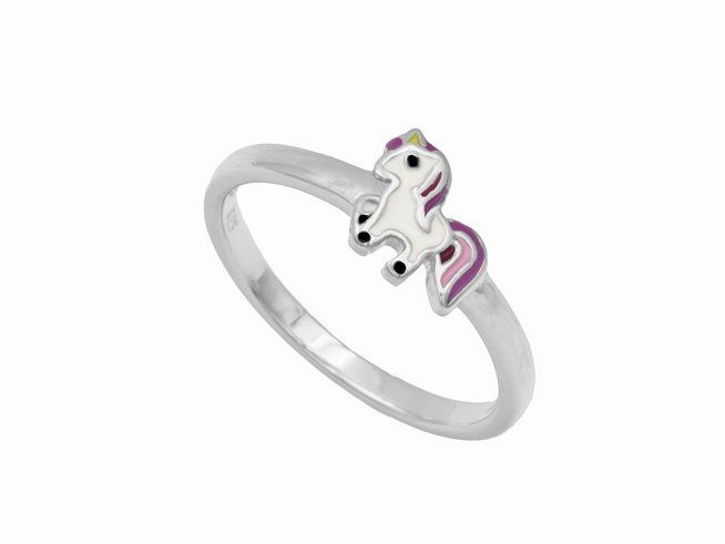 Kinderring mit einem Einhorn aus rhodiniertem Sterling Silber in Größe 42, hübsches Design für Kinder, vom Hersteller Juwelier Harnisch.