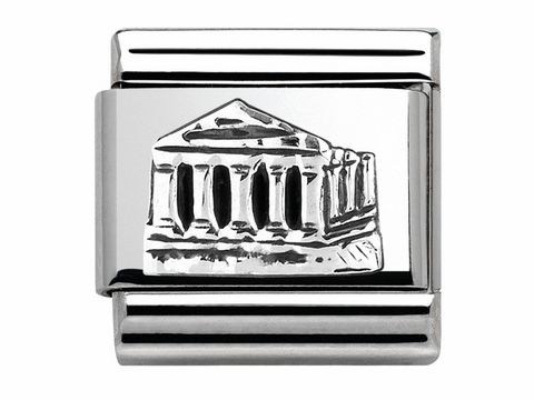 Ein silberner Anhänger der Marke Nomination mit der Abbildung des Parthenon-Tempels, detailreich gestaltet und symbolisch für klassische Monumente und Denkmäler.
