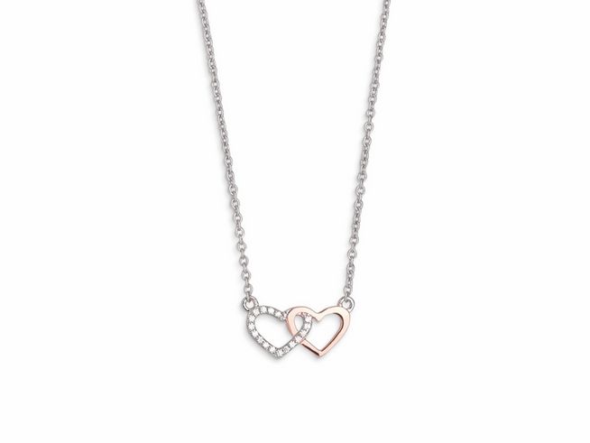 27000792-0 Xenox Sterling Silber Kette XS2921R mit einer Ankerkette in Roségold Verg und zwei ineinander verschlungenen Herzen, perfekt als Geschenk für Liebende. Kettenlängen von 40-45 cm.