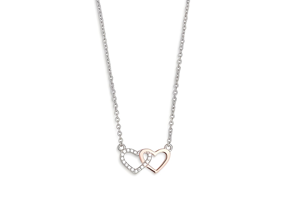 Xenox Sterling Silber Kette XS2921R mit einer Ankerkette in Roségold Verg und zwei ineinander verschlungenen Herzen, perfekt als Geschenk für Liebende. Kettenlängen von 40-45 cm.