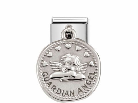 Silberner Anhänger mit reliefartigem Engel und der Gravur GUARDIAN ANGEL sowie kleinen Herzen, hergestellt von Nomination, Silver Shine, Modell Classic Silver Shine Wishes.