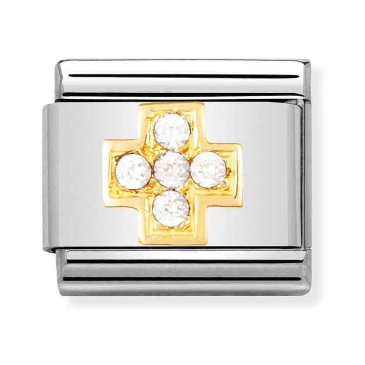 Nomination Composable Classic Charm Kreuz weiß - Edelstahl, Gold 750 Gelbgold, Zirkonia