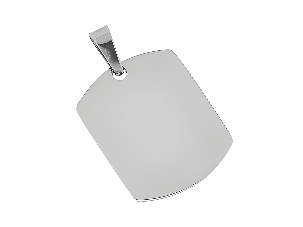 Edelstahl Anhänger mit Gravurplatte im Rechteckformat von 2 x 1,2 cm in dezenter Optik, hergestellt von Juwelier Harnisch.