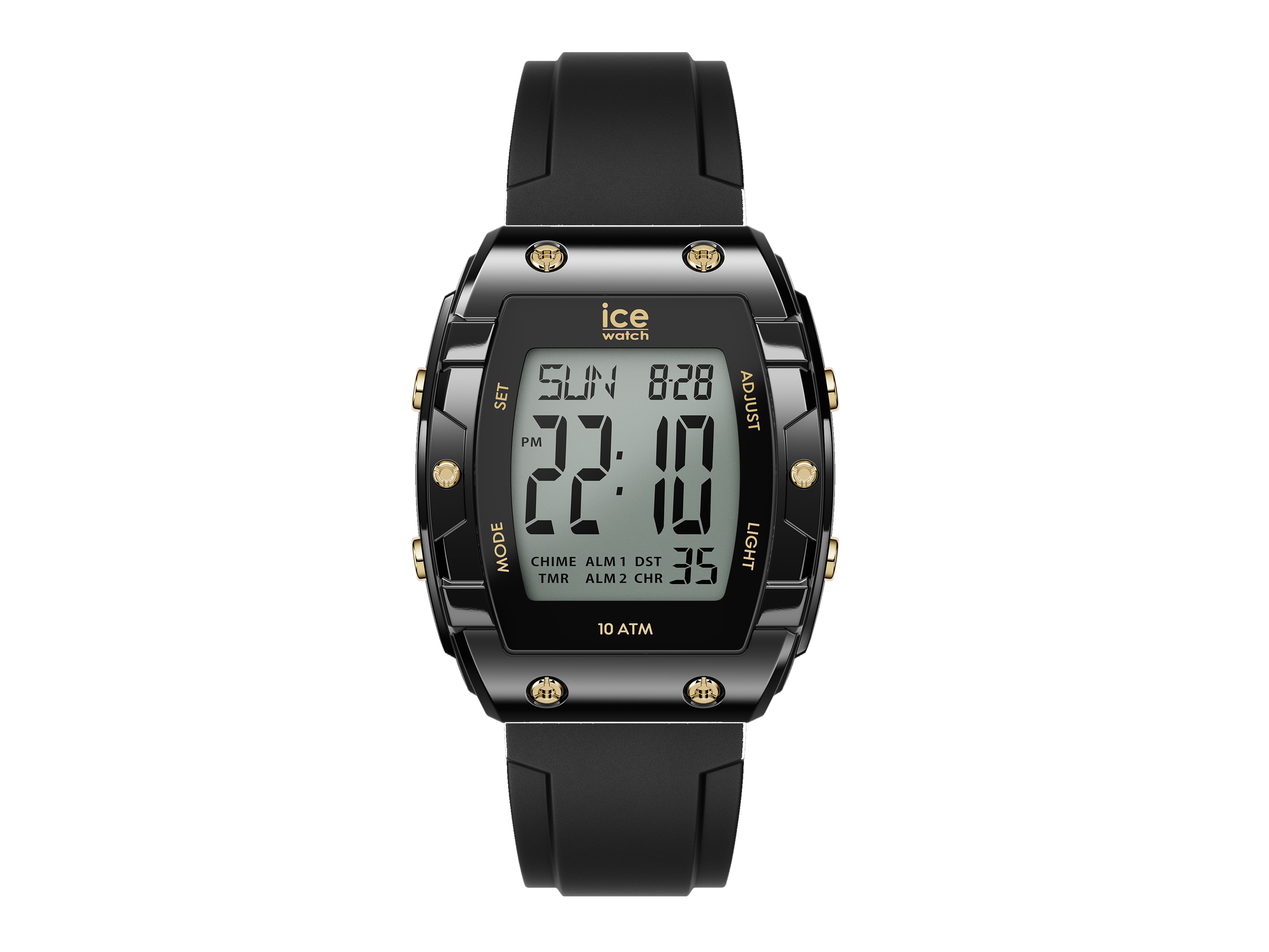 Die Ice Watch 024564 ICE digit boliday in Schwarz und Gold präsentiert ein modernes digital Uhrendesign mit einem schwarzen Armband und goldenen Akzenten.