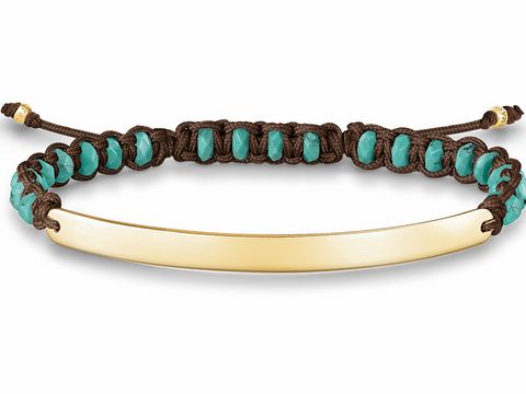 Makramee Armband aus Nylon in Türkis mit vergoldetem Element und türkisfarbenen Perlen, verstellbar von 15 bis 21 cm, von Thomas Sabo, Modell LBA0056-896-17-L21v.