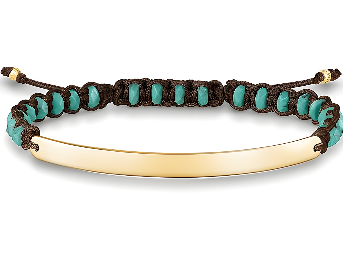 Makramee Armband aus Nylon in Türkis mit vergoldetem Element und türkisfarbenen Perlen, verstellbar von 15 bis 21 cm, von Thomas Sabo, Modell LBA0056-896-17-L21v.