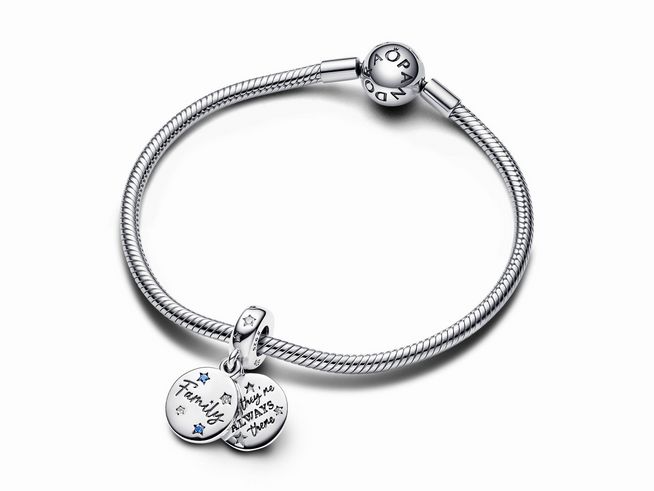 Zarter Pandora Doppelter Charm-Anhänger aus Sterling Silber mit buntem Steinmix in Blau, geprägt mit den Worten Family und einer herzlichen Botschaft, passend für Armbänder.