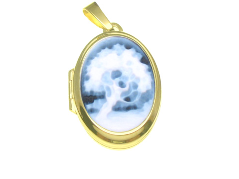 Lebensbaum Achat Gemme Medaillon in Gold 333, stilvolles Design mit filigranem Baum-Motiv auf blauer Achat-Gemme, gefertigt von Juwelier Harnisch. Ideal als Accessoire oder Geschenk.