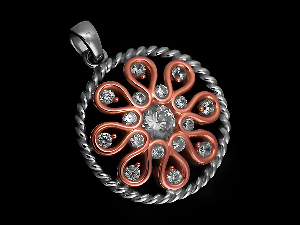 Blume Anhänger aus 925 Sterling Silber, rhodiniert, mit einer Blüte aus rosé vergoldetem Metall und Zirkonia-Steinen, Hersteller Juwelier Harnisch, ideal für Pflanzenliebhaber.
