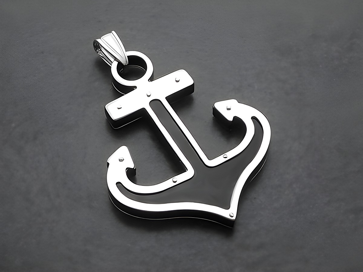 Sterling Silber Anhänger in Form eines Ankers mit schwarzer Einlage, rhodiniert, hergestellt von Juwelier Harnisch, ideal für maritime und seefahrtsbezogene Schmuckliebhaber.