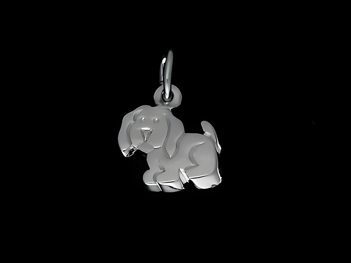 Hund Anhänger Silber rhodiniert niedlich, Hersteller Juwelier Harnisch, ideal für Tierliebhaber, schöner Schmuck für jeden Anlass.