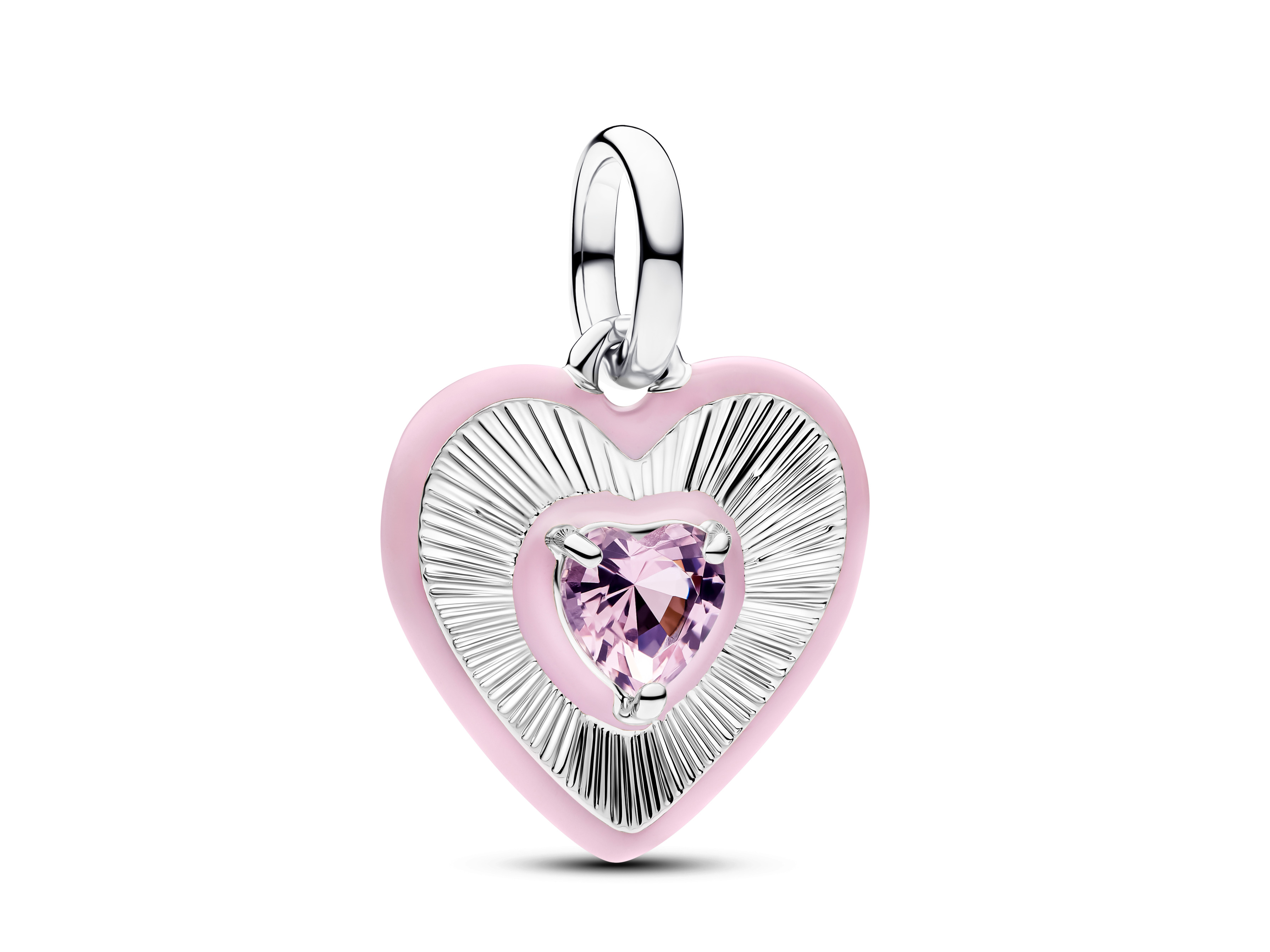 Charm in Form eines strahlenden rosafarbenen Herzes, aus Silber mit Emaille und einem pinken Kristall in der Mitte, elegantes Design für schmückende Akzente.