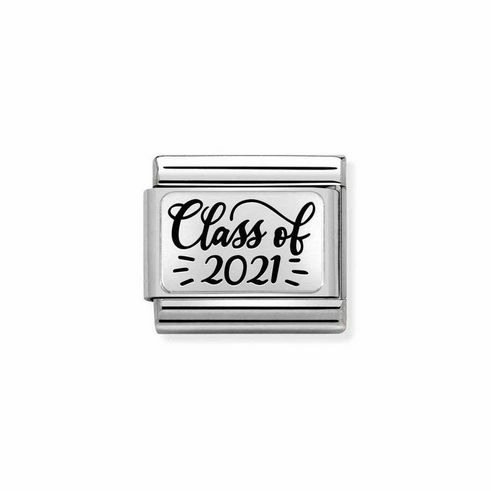 Edelstahl und Sterling Silber Plaettchen mit der Aufschrift Class of 2021 in verspielter Schriftart, ideal für Schmuck mit persönlicher Note.