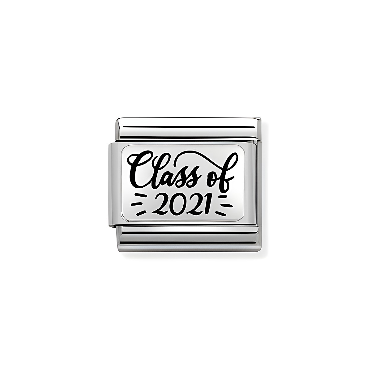 Edelstahl und Sterling Silber Plaettchen mit der Aufschrift Class of 2021 in verspielter Schriftart, ideal für Schmuck mit persönlicher Note.