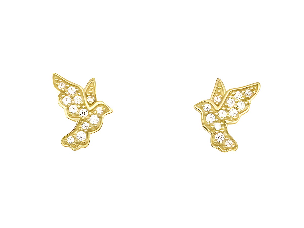Ohrringe Ohrstecker Friedenstaube aus Sterling Silber, gelbgold vergoldet mit Zirkonia, elegant und verspielt gestaltet, perfekte Ergänzung für jedes Outfit.