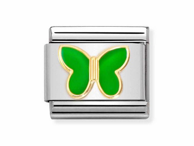 Edelstahlarmband mit einer apfelgrünen Schmetterlingsemblem und goldenen Konturen, hergestellt von Nomination, Teil der CLASSIC SYMBOLE Kollektion, luftig und emailliert.