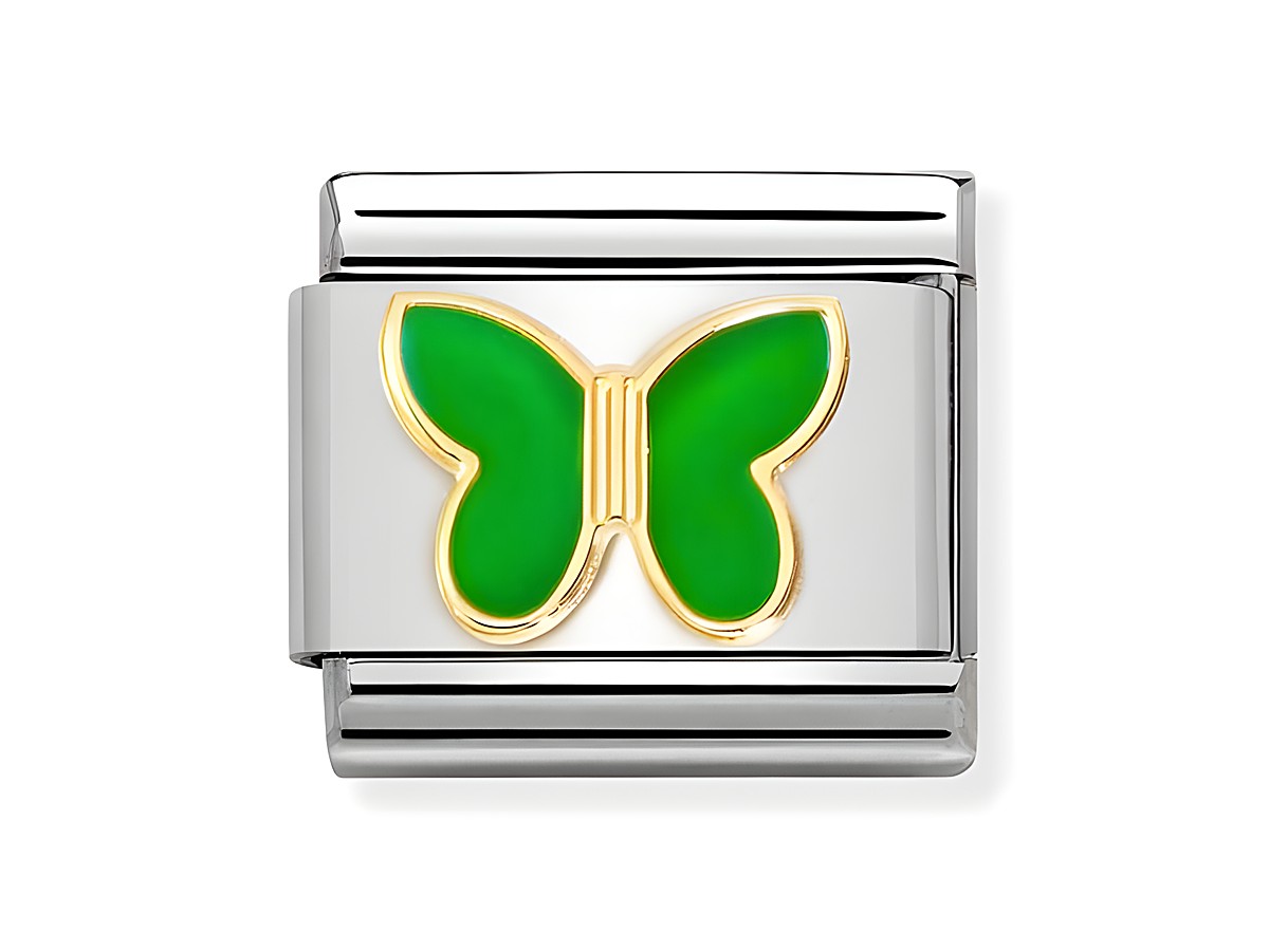 Edelstahlarmband mit einer apfelgrünen Schmetterlingsemblem und goldenen Konturen, hergestellt von Nomination, Teil der CLASSIC SYMBOLE Kollektion, luftig und emailliert.