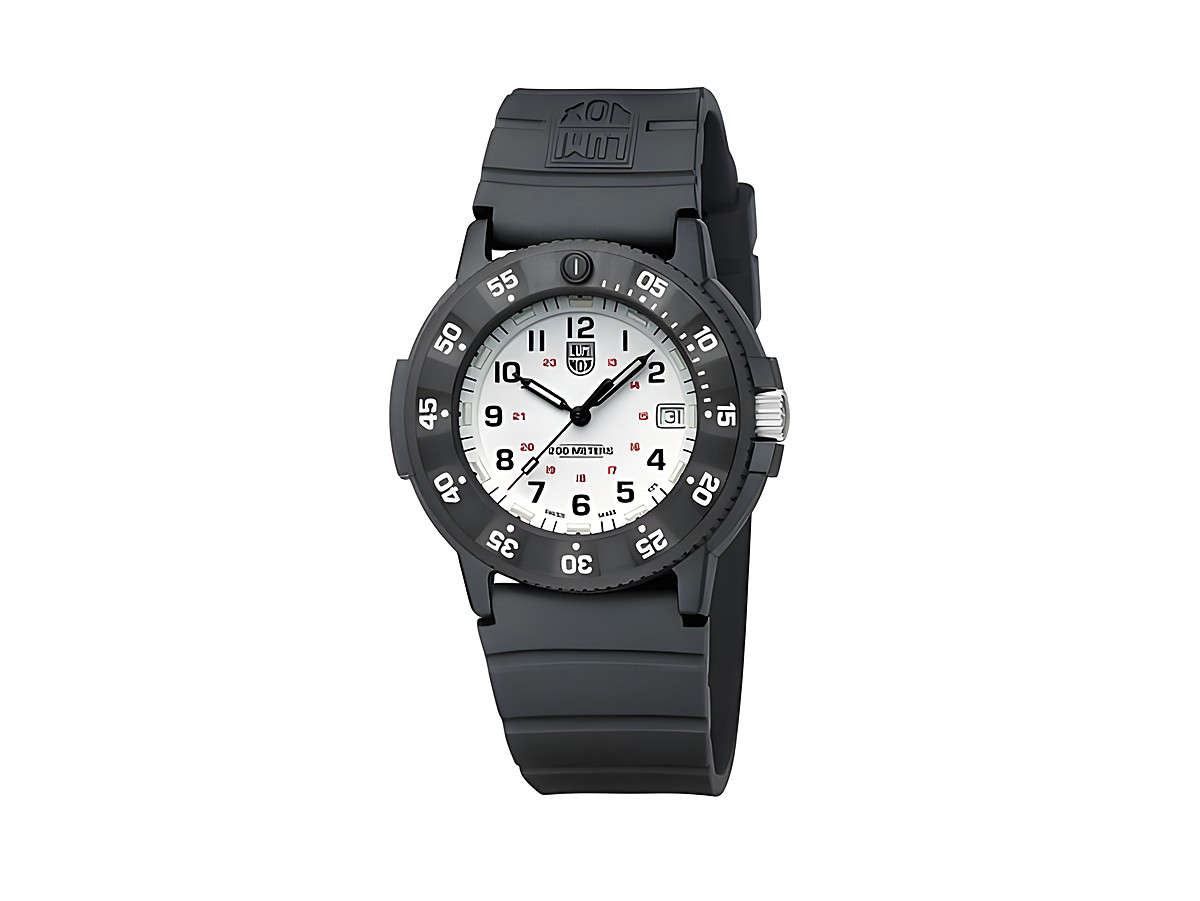 Luminox Sea XS.3007.EVO.S 43 mm Armbanduhr mit schwarzem Silikonarmband und weißem Ziffernblatt, ausgestattet mit Uhrzeit, Datum und robustem Gehäuse für hohe Wasserdichtigkeit.