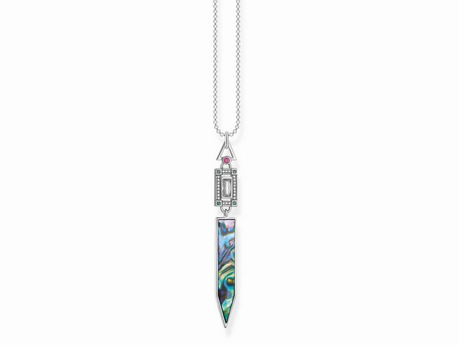 Thomas Sabo Kette KE2009-964-7-L50v aus Sterling Silber mit geschwungenem Anhänger aus Abalone Perlmutt, Glas-Keramik Stein, synthetischem Korund und Zirkonia, elegant und farbenfroh.