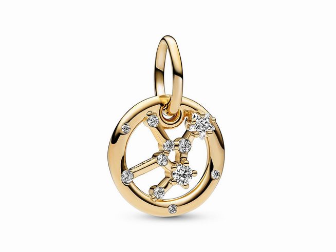 Sternzeichen Jungfrau Charm-Anhänger von Pandora in Gelbgold Vergoldung mit Zirkonia, im Ring mit skulpturalem Jungfrauen-Symbol und funkelnden Steinen. Ideal für individuelle Schmuckgestaltungen.