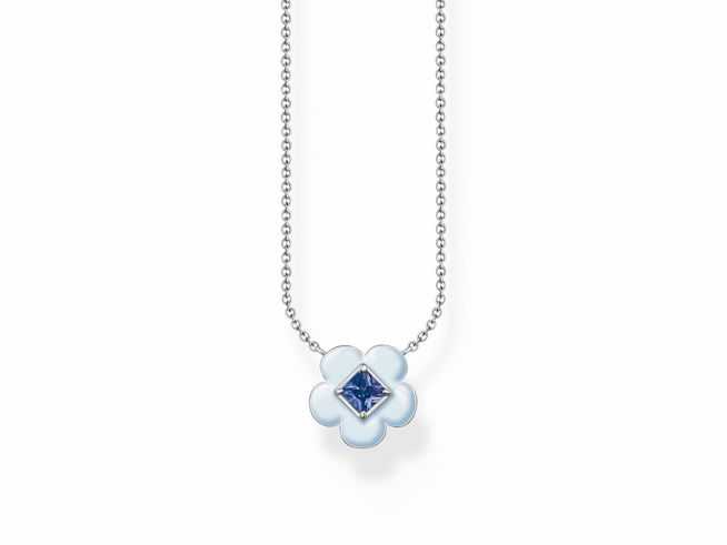 Silberne Kette von Thomas Sabo mit Emaille- und Glas-Keramikstein in Blau, blütenförmiger Anhänger, Länge von 40 bis 45 cm. Elegantes Schmuckstück für jeden Anlass.