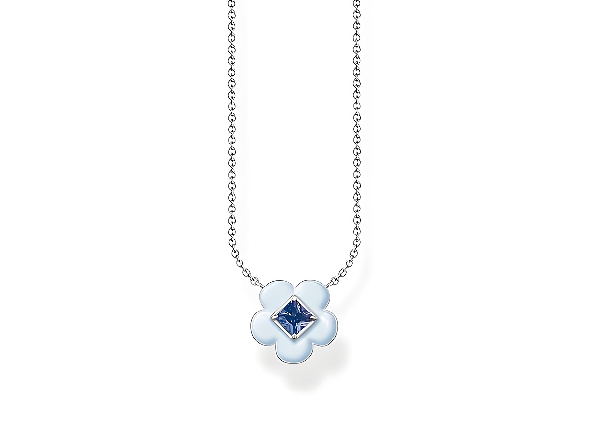 Silberne Kette von Thomas Sabo mit Emaille- und Glas-Keramikstein in Blau, blütenförmiger Anhänger, Länge von 40 bis 45 cm. Elegantes Schmuckstück für jeden Anlass.