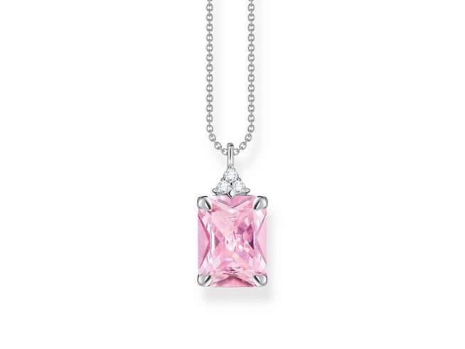 Silberne Kette von Thomas Sabo mit einem pinken Zirkonia-Oktagon-Anhänger, ergänzt durch zwei kleine weiße Zirkonia, eine elegante Schmuckstücklänge von 40 bis 45 cm.