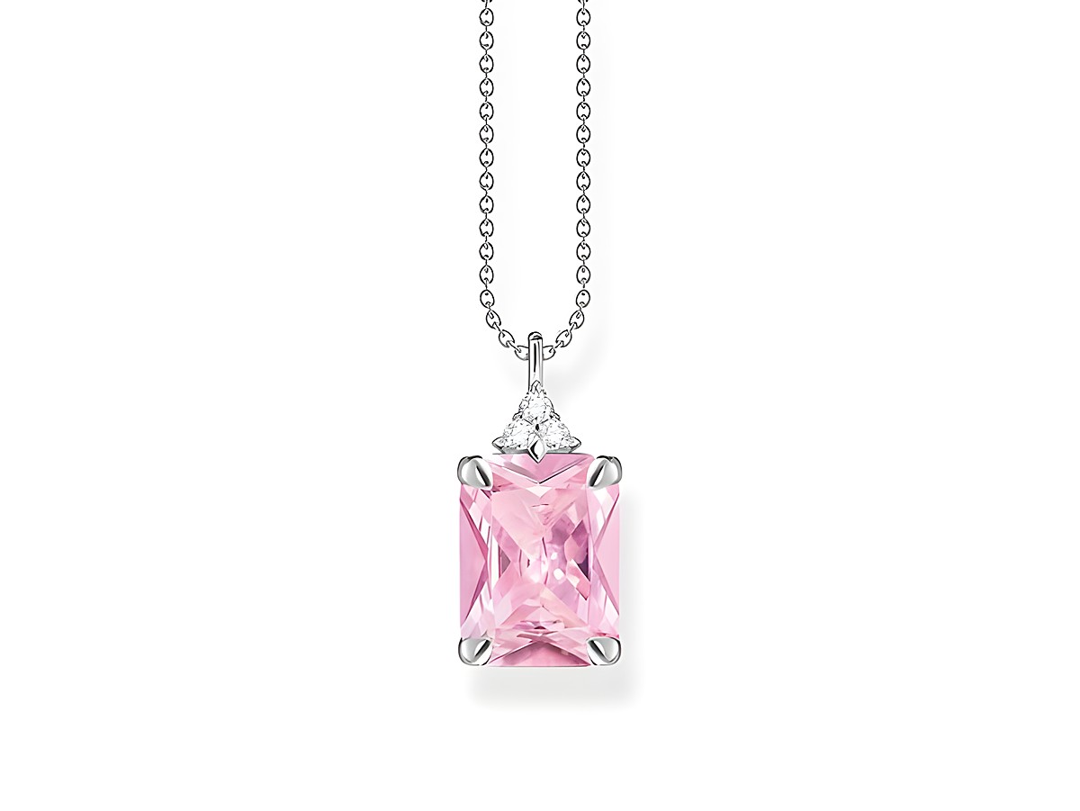 Silberne Kette von Thomas Sabo mit einem pinken Zirkonia-Oktagon-Anhänger, ergänzt durch zwei kleine weiße Zirkonia, eine elegante Schmuckstücklänge von 40 bis 45 cm.