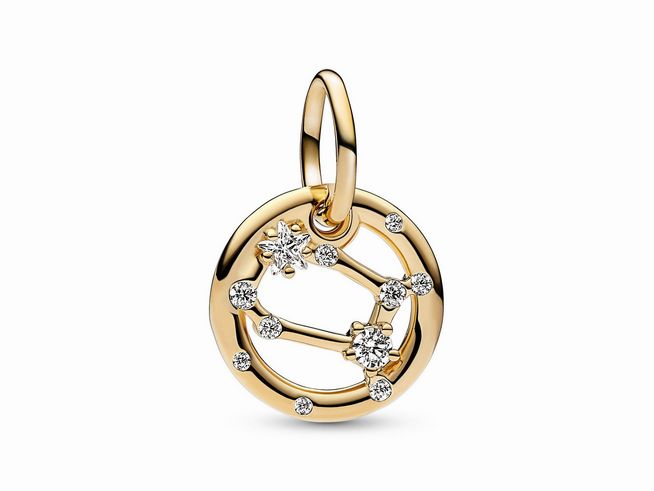 Charm-Anhänger aus gelbgold vergoldetem Material, gestaltet als Sternzeichen Zwillinge mit Zirkonia-Steinen, ideal für persönliche Schmuckkollektionen oder Geschenke.