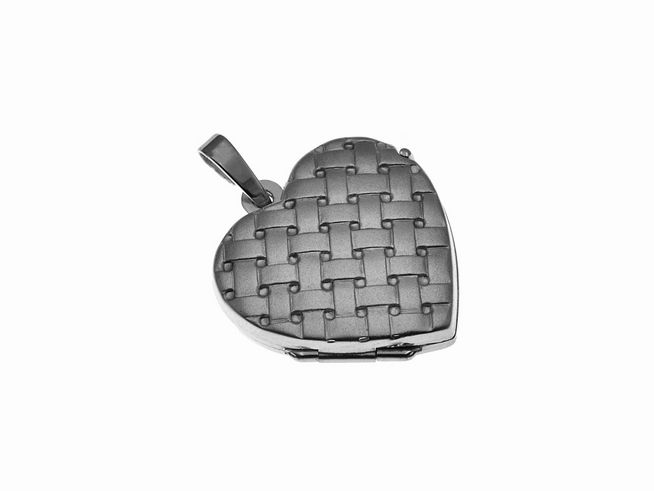 Medaillon mit Flechtmuster aus rhodiniertem Sterling Silber in Herzform, hergestellt von Juwelier Harnisch, ideal als persönliches Schmuckstück oder Geschenk.
