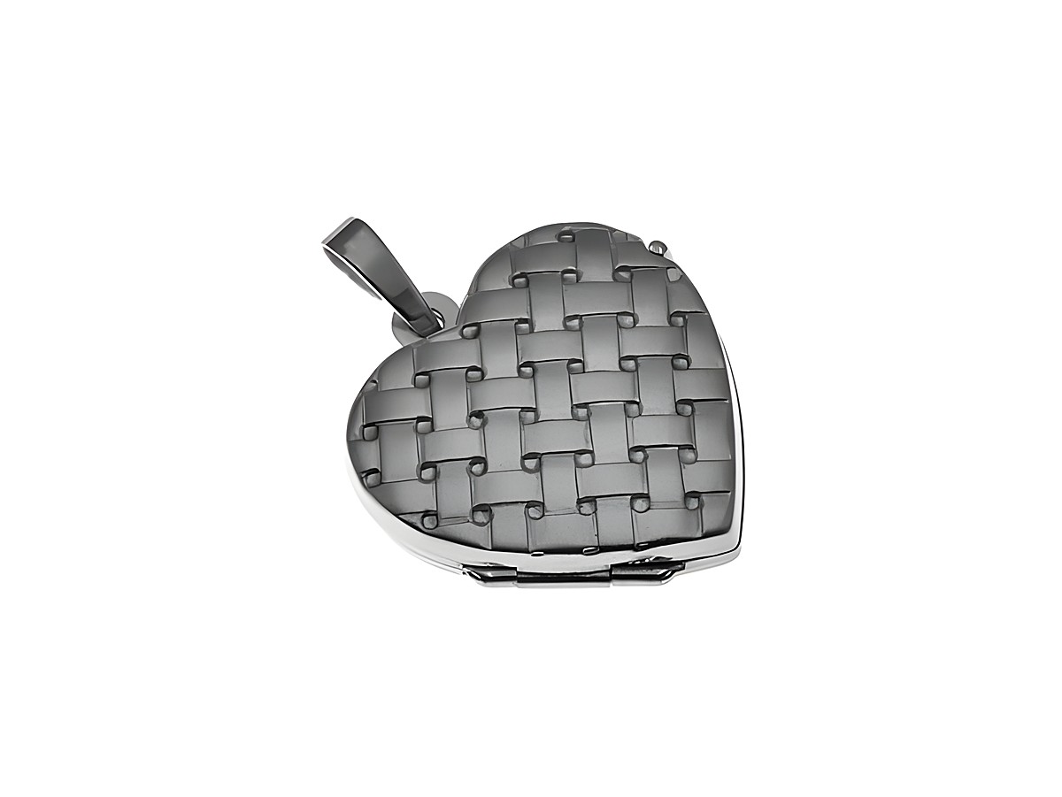 Medaillon mit Flechtmuster aus rhodiniertem Sterling Silber in Herzform, hergestellt von Juwelier Harnisch, ideal als persönliches Schmuckstück oder Geschenk.