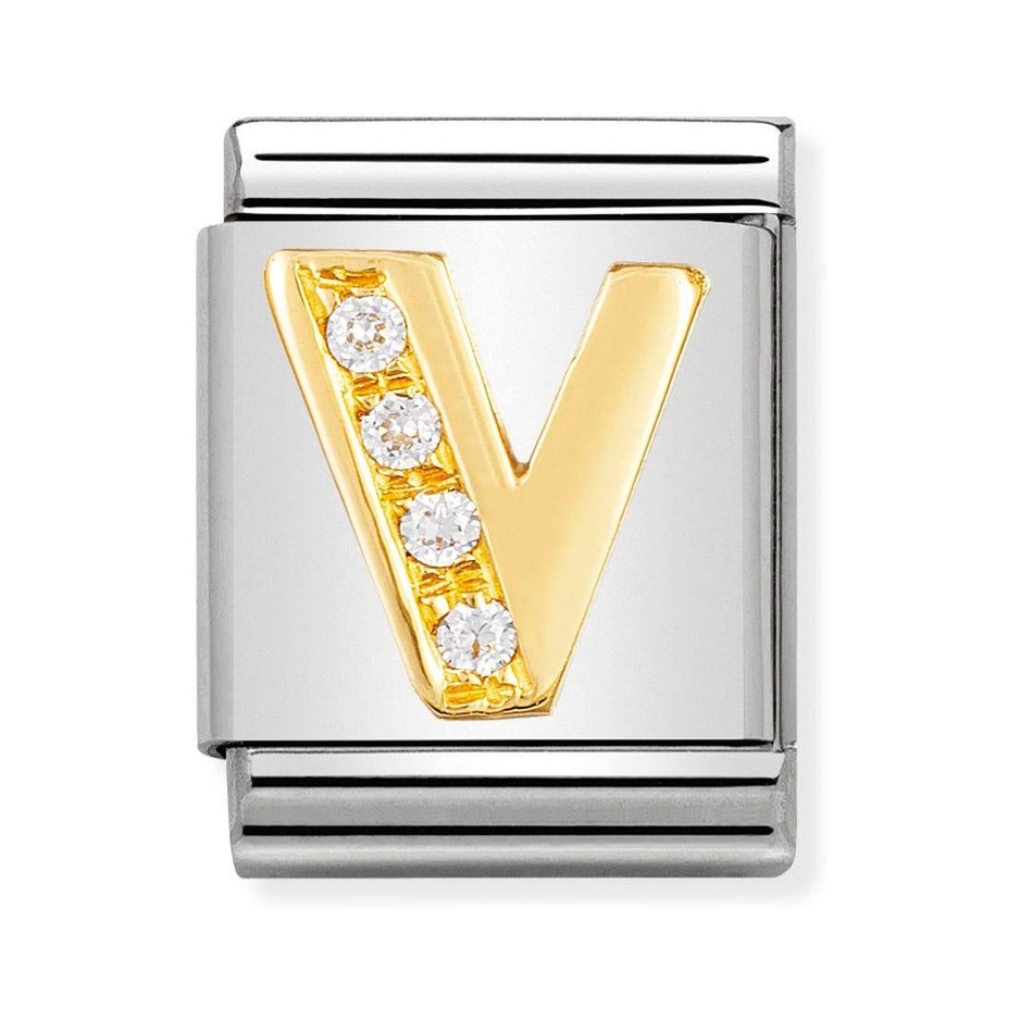 Nomination Composable Big Charm Buchstabe V - Edelstahl, Gold 750 Gelbgold, Zirkonia