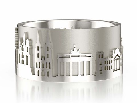 Deutschland Ring aus 925 Sterling Silber mit einer Breite von 10 mm in Größe 66, verziert mit filigranen Silhouetten berühmter deutscher Bauwerke.
