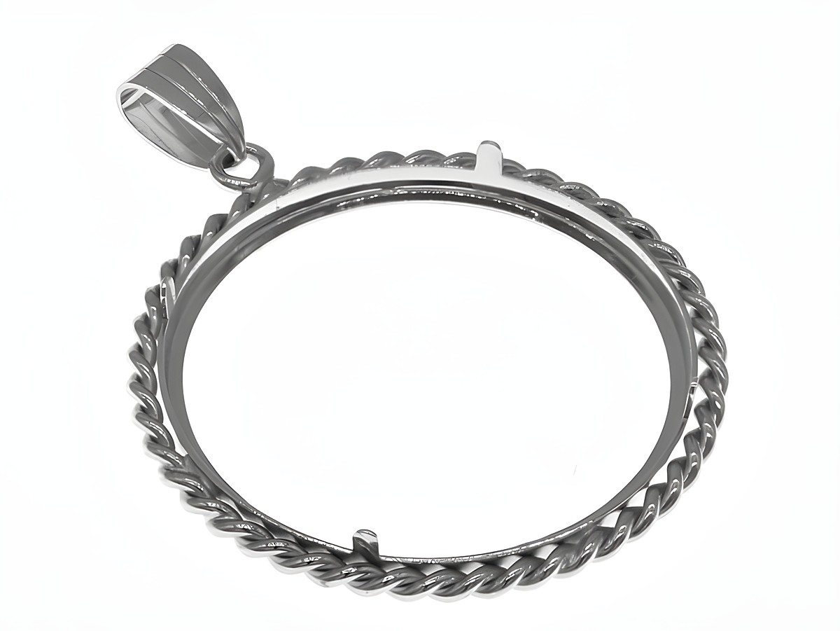 Münzfassung Anhänger aus 925 Sterling Silber rhodiniert mit Kordeldesign, Durchmesser für Münzen bis 33,2 mm geeignet, von Juwelier Harnisch. – Ansicht 2