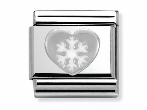 Silbernes Armbandglied von Nomination mit einem herzförmigen Symbol in der Mitte, das eine weiße Schneeflocke zeigt, aus Emaille gefertigt, ideal für winterliche Akzente.