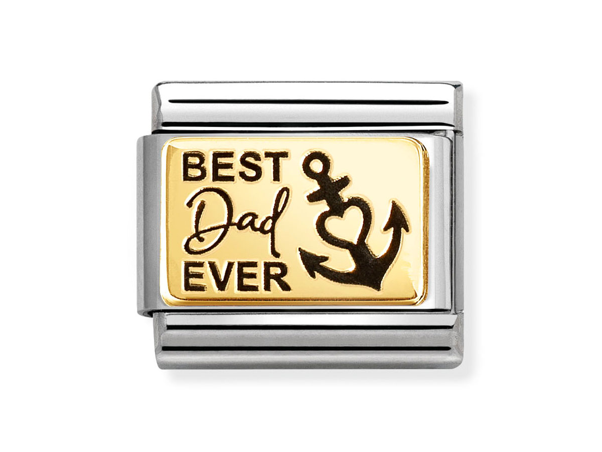 Plättchen aus 585 Gelbgold mit der Gravur Best Dad Ever und einem Anker-Design, geeignet für Nomination Armbänder, Hersteller Nomination, Neuheiten.