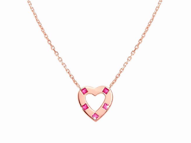 Roségold vergoldetes Collier von Nomination CARISMATICA mit Herzanhänger, besetzt mit fuchsia Zirkonia, verstellbare Länge von 38 bis 44 cm.