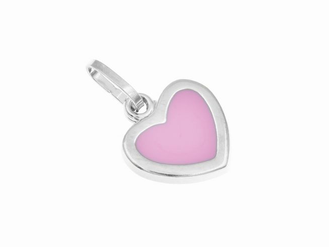 Herzförmiger Anhänger in Rosa Lack mit poliertem Sterling Silber Rand, flach, hergestellt von Juwelier Harnisch.