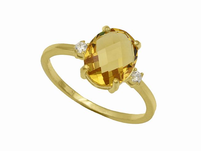 Ring mit ovalem, facettiertem orangen Stein aus Sterlingsilber mit gelbgold Vergoldung, flankiert von zwei kleinen, funkelnden Steinen, Größe 58, Hersteller Juwelier Harnisch.