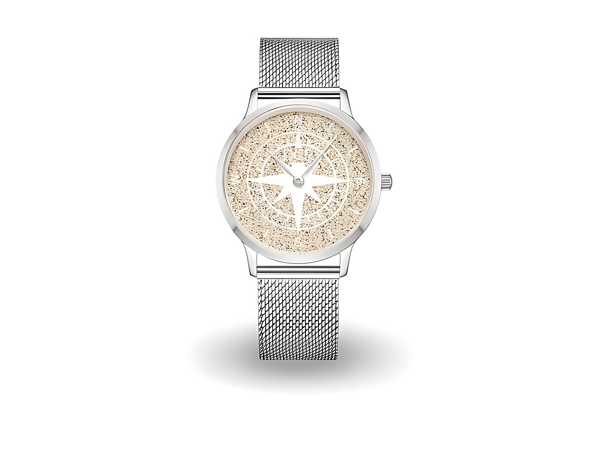Uhr von DUR mit Edelstahl-Mesh-Armband und einem Zifferblatt aus Sand mit Kompassdesign, Modell Strandsand DW010, Durchmesser 40 mm.
