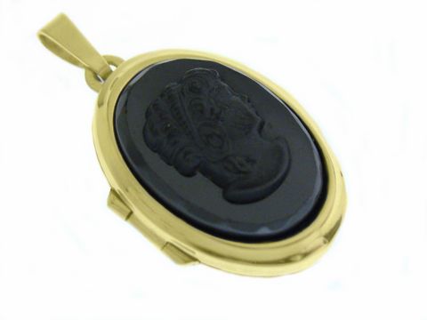 Dame Medaillon mit Cabochon aus Gold 585 vom Hersteller Juwelier Harnisch, ovaler Anhänger mit kunstvoll bearbeitetem schwarzen Stein und goldener Fassung.