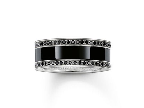 Thomas Sabo Ring aus sterling Silber mit schwarz glänzender Keramik und Zirkonia als Verzierung in der Größe 54. Elegantes Design mit geschwungenen Linien und funkelnden Details.