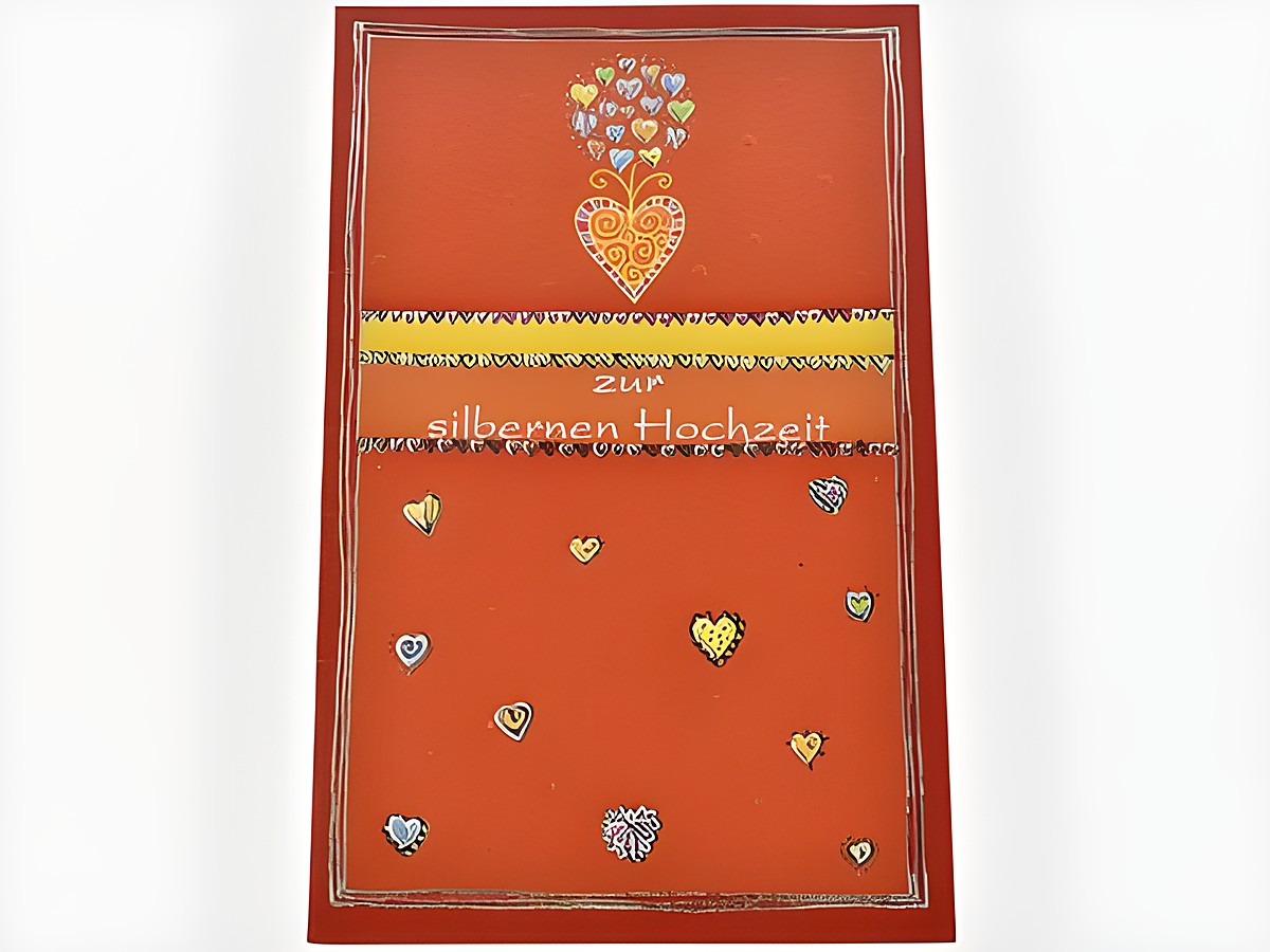 Hochzeitskarte in Rot mit goldenen Herzchen und bunten Verzierungen, beschriftet mit "zur silbernen Hochzeit", hergestellt von Juwelier Harnisch. Hochwertige Hochzeitskarten.