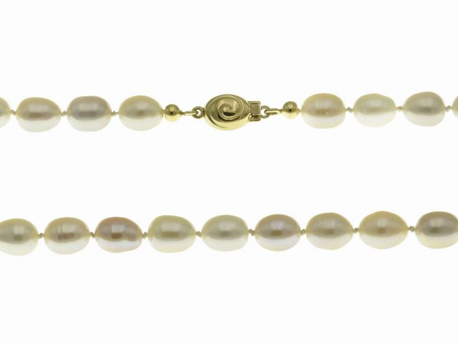 Perlenkette 6,8 mm ROSA und WEIß 46 cm geknotet mit GOLD 585 Verschluss von Juwelier Harnisch, elegante und bunte Zeichnung ideal für festliche Anlässe.