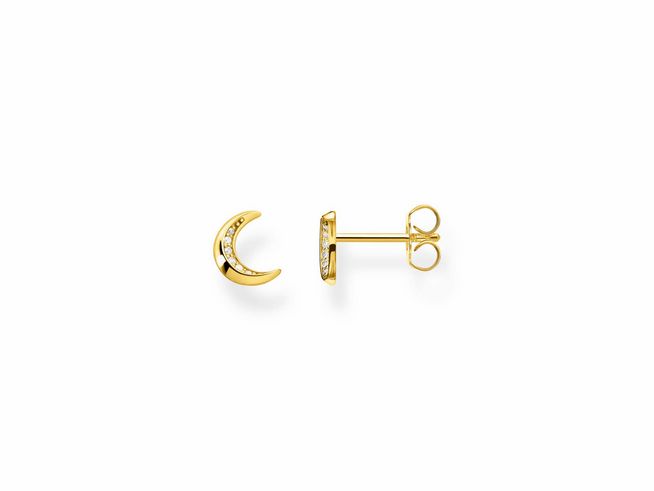 Edelstahl Ohrstecker in Form eines Mondes, vergoldet in Gelbgold, verziert mit weißen Zirkonia. Hersteller Thomas Sabo, Modell SCH150335. Elegantes Schmuckstück für besondere Anlässe.