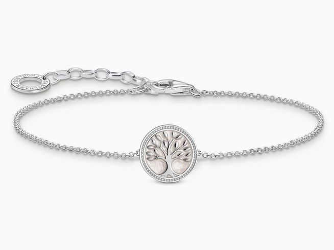 Silbernes Armband von Thomas Sabo mit einem Lebensbaum-Motiv aus Emaille, verziert mit einem runden Anhänger und einstellbarer Länge von 16 bis 19 cm.