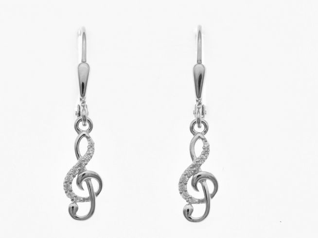 Zwei elegante Ohrhänger aus Sterling Silber in Form von Violinschlüsseln, besetzt mit Zirkonia-Steinen, hergestellt von Juwelier Harnisch. Perfekt für Musikliebhaber.