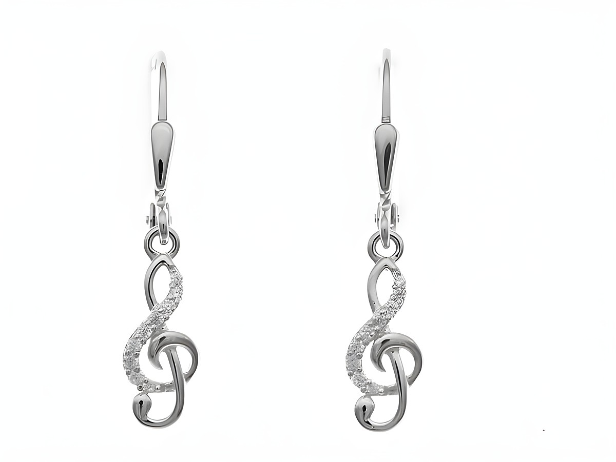 Zwei elegante Ohrhänger aus Sterling Silber in Form von Violinschlüsseln, besetzt mit Zirkonia-Steinen, hergestellt von Juwelier Harnisch. Perfekt für Musikliebhaber.